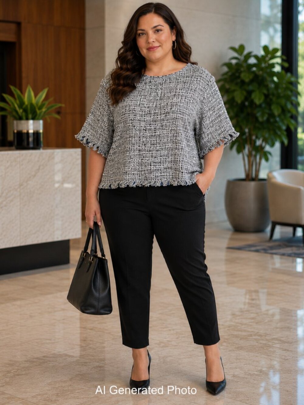 Maree Pour Toi Tweed Fringe Blouse Black White Metallic Plus Size 24 NWT Office